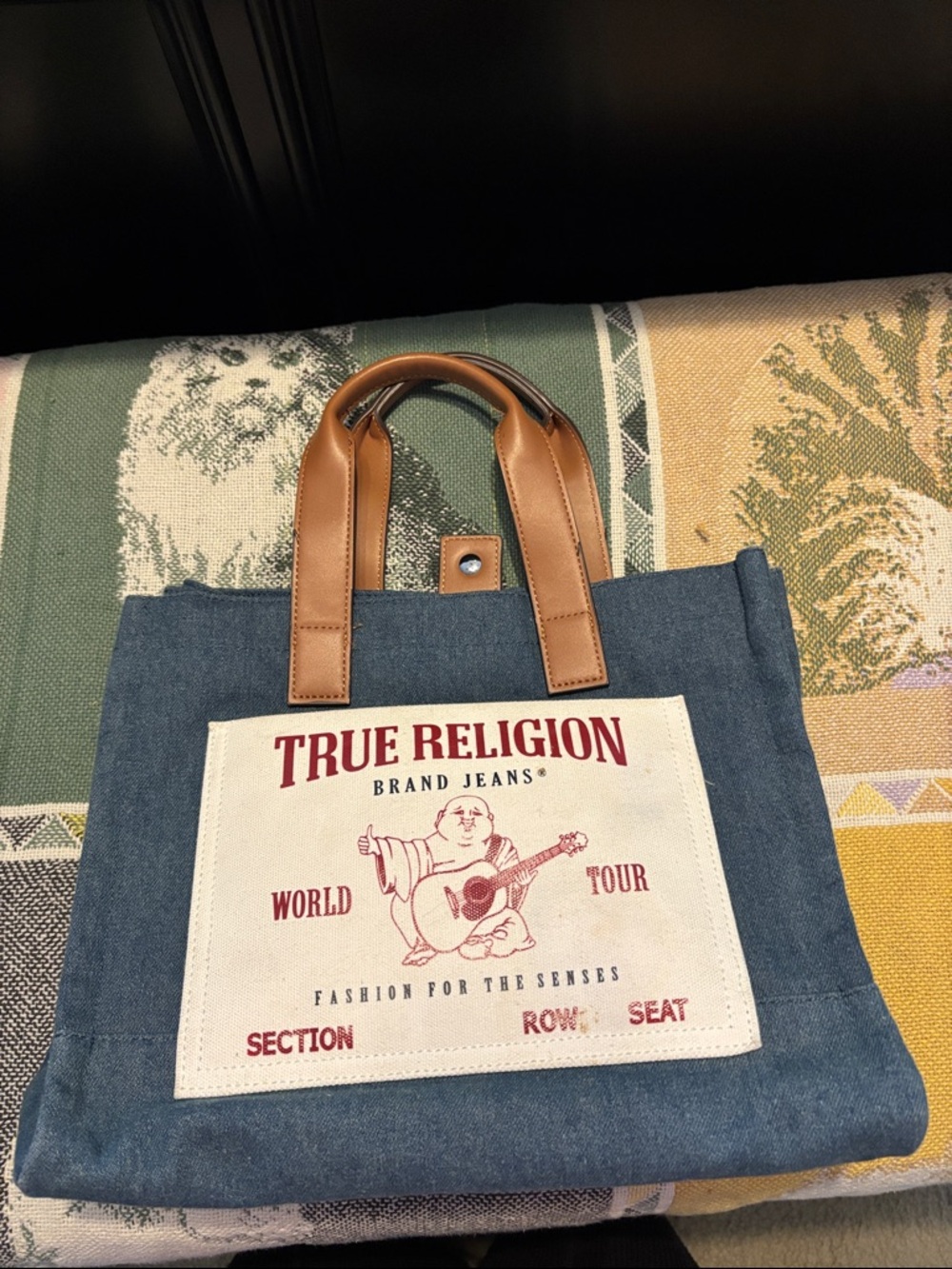 True Religion Blue Denim Messenger Tote with Brown Handles
